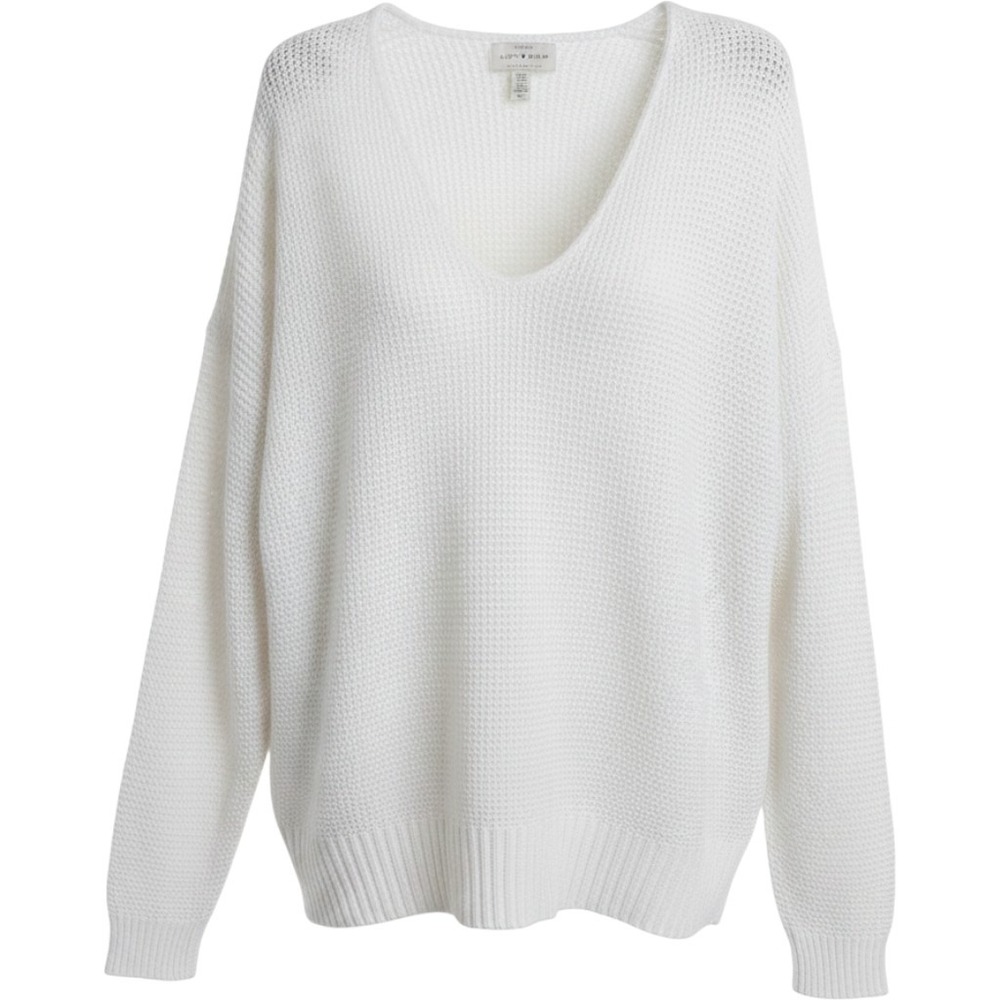 Lucky Brand White Fisherman Sweater Cotton Knit Fall VNeck Casual Boho Women's M